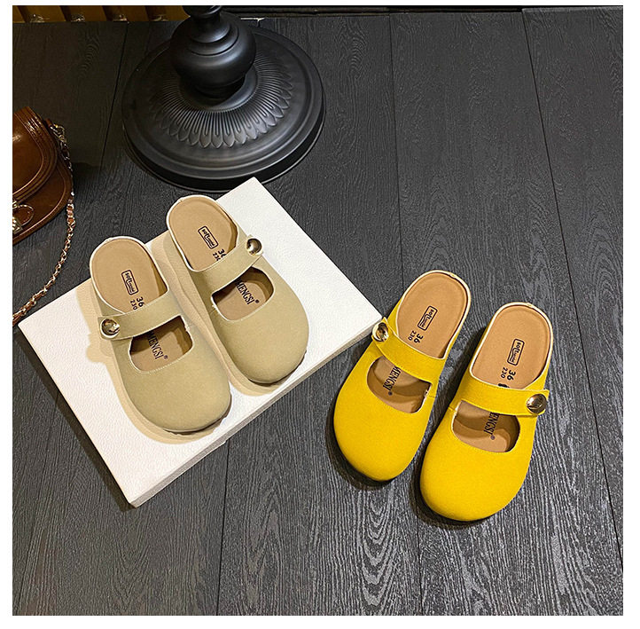 Dép nửa gót Mary Jane nữ mũi tròn mềm mại, đế dày tăng chiều cao 5 cm — Kaki (nửa kéo), Màu vàng (nửa dép) chi tiết 38
