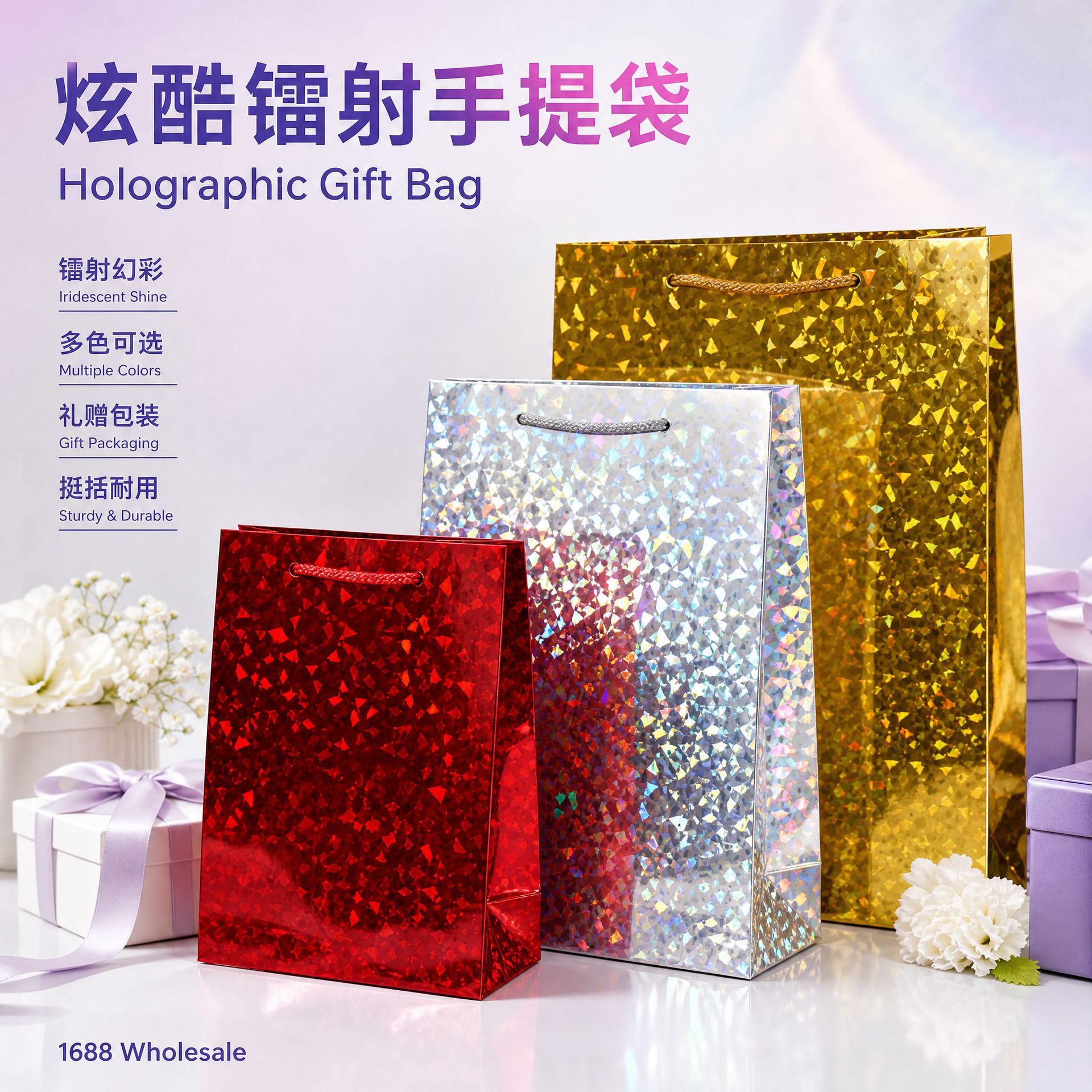 Cool papel de bronce láser bolsas de papel de mano de alta sensación de color láser regalo de cumpleaños bolsa de regalo de vacaciones