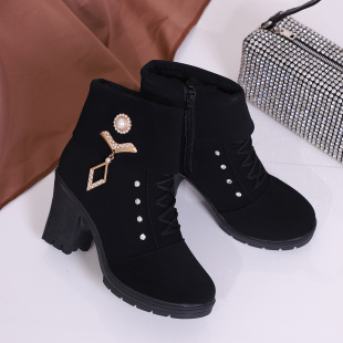 Foreign trade plus size martin boots 2024 autumn and winter new rhinestone women's boots high-heeled warm cotton boots side zipper fashion boots