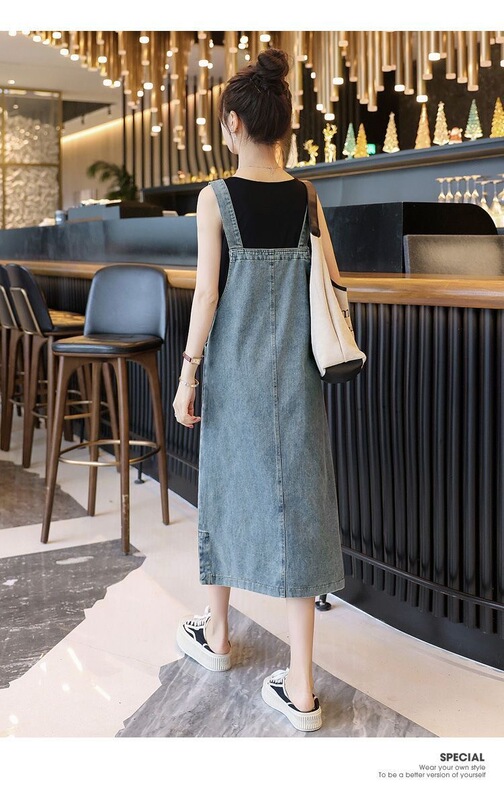 レトロなデニムの背もたれのスカートの夏の新型の女性のゆるいまっすぐな筒はやせている小さい大衆の中で長いタイプのa字のガーターのワンピースを現します。|undefined
