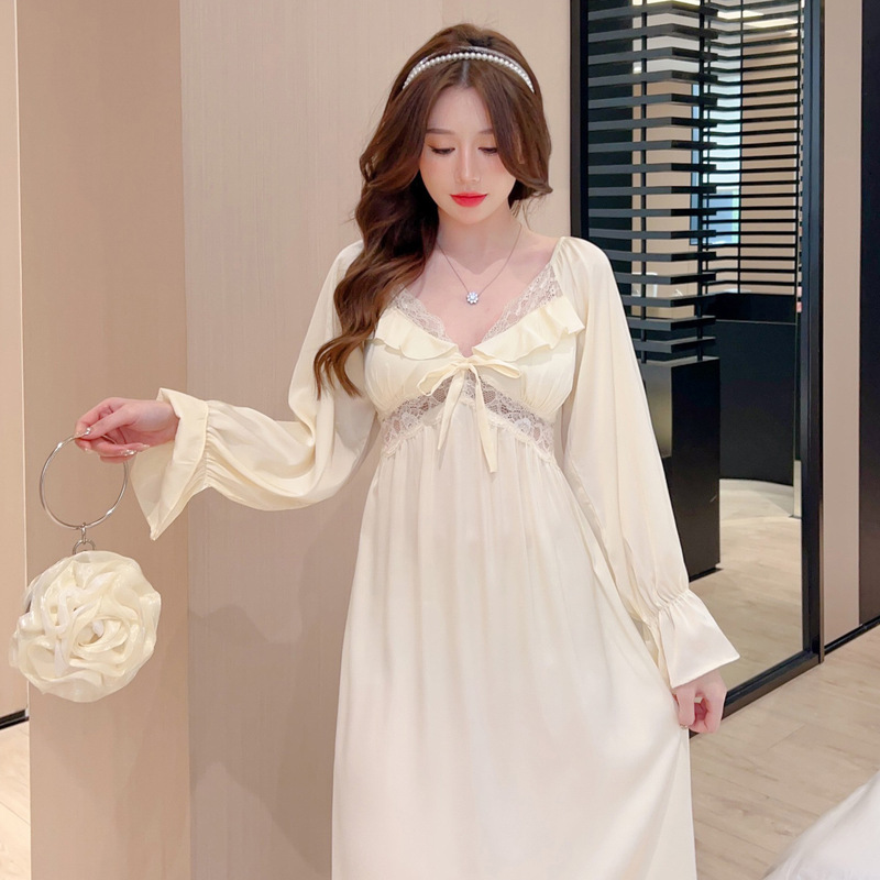 French Palace-Style Pajamas with Breast Pads, Long-Sleeved Nightgown for Women, Spring and Autumn Imitation Silk Home Clothes, Princess-Style Ice Silk Nightgown French Palace-Style Pajamas with Breast Pads, Long-Sleeved Nightgown for Women, Spring and Autumn Imitation Silk Home Clothes, Princess-Style Ice Silk Nightgown