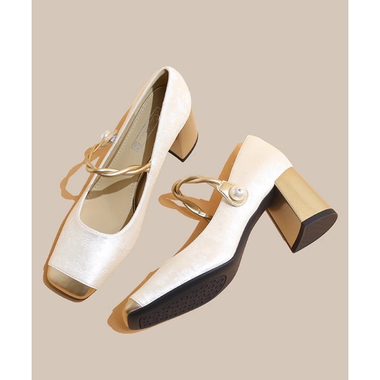 Guofeng nuevos zapatos Mary Jane de cabeza cuadrada de estilo chino para mujer de tacón grueso 2025 nuevo cinturón jacquard con zapatos de tacón alto cheongsam