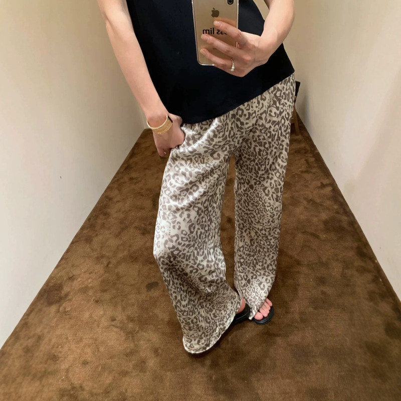 Old Money Style Light Luxury Acetate Leopard Print Summer Casual Pants with a High-End Feel, Straight-Leg Women's Trousers