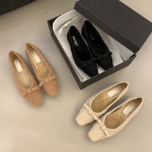 法式低跟蝴蝶结单鞋女2024秋冬季加绒毛毛鞋百搭配裙子通勤瓢鞋鞋