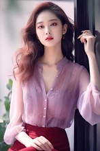 淡紫色超仙女漂亮小衫女2025夏季新款泡泡长袖蕾丝拼接雪纺上衣潮