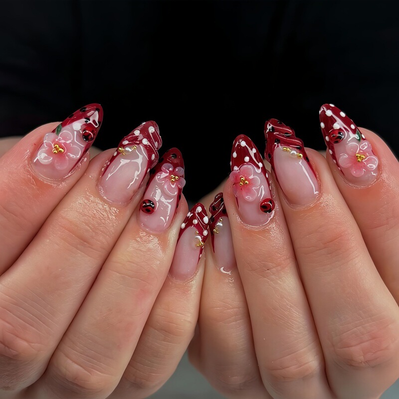 Cross-Border Rose Red 3D Gradient Flower Almond Press-On Nails Ins Seven-Star Ladybug Polka Dot French Style Fake Nail Tips