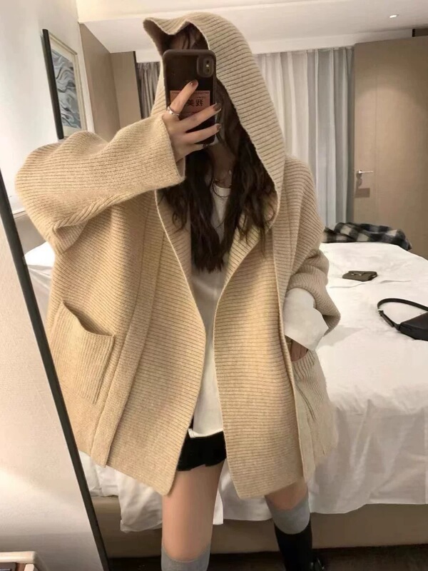高级感连帽毛衣外套上衣女秋冬复古气质宽松慵懒大衣针织开衫加厚|undefined