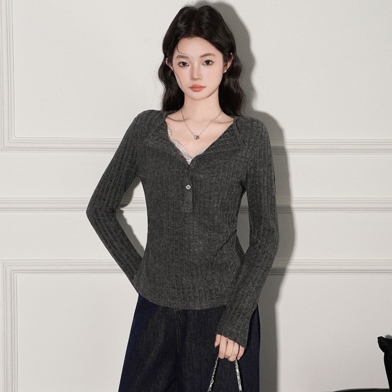 Jiyou Dark Gray Half-Open Collar Lace Splicing Long-Sleeved Bottoming Shirt for Women in Spring and Autum Pure Waist-Cinching Layered Inner T-Shirt