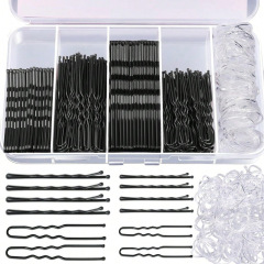ヘアピンとゴムバンドの300個セット、新しいヘアピンとボックス入りワンラインクリップ、黒のU字型クリップセット、ヘアピンセット、ボックス全体