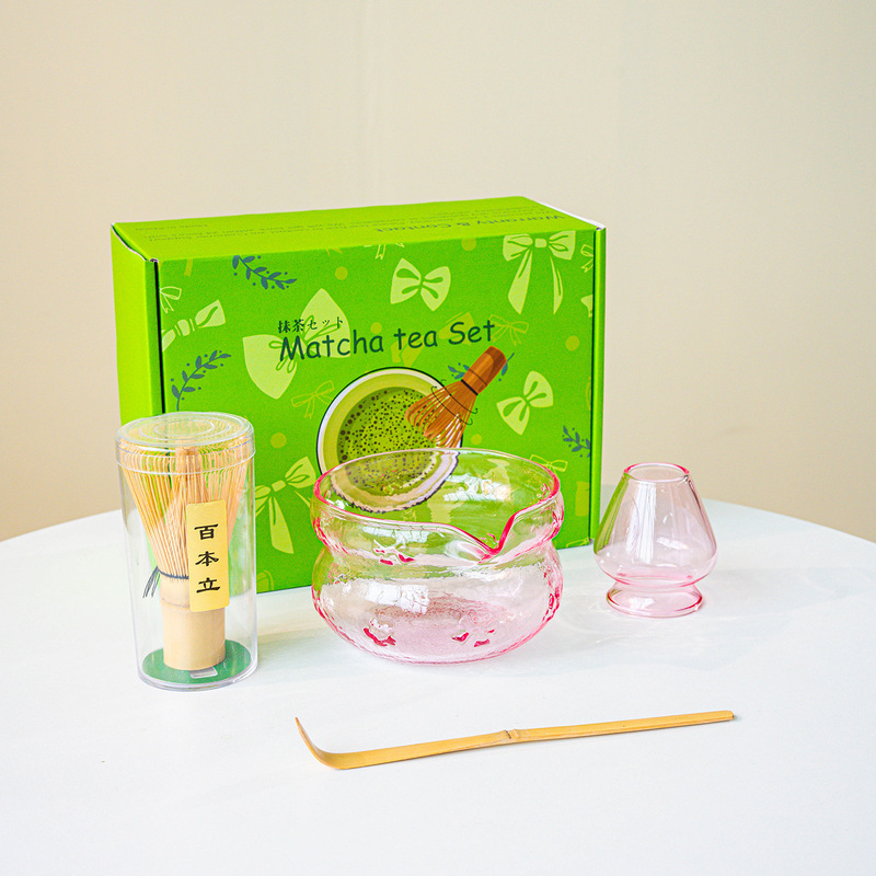ガラス抹茶ティーセット 7 ピース透明高ホウケイ酸ピンク日本ギフトボックスセット抹茶ボウル茶筅卸売|undefined