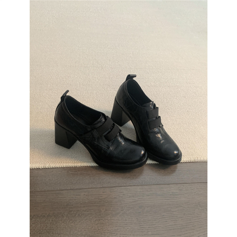 小个子8cm高跟魔术贴高跟乐福鞋一脚蹬单鞋女通勤圆头粗跟小皮鞋