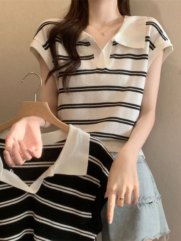 Korean style striped polo collar short-sleeved sweater top women's summer and autumn design French sweet small flying sleeve shirt Korean style striped polo collar short-sleeved sweater top women's summer and autumn design French sweet small flying sleeve shirt