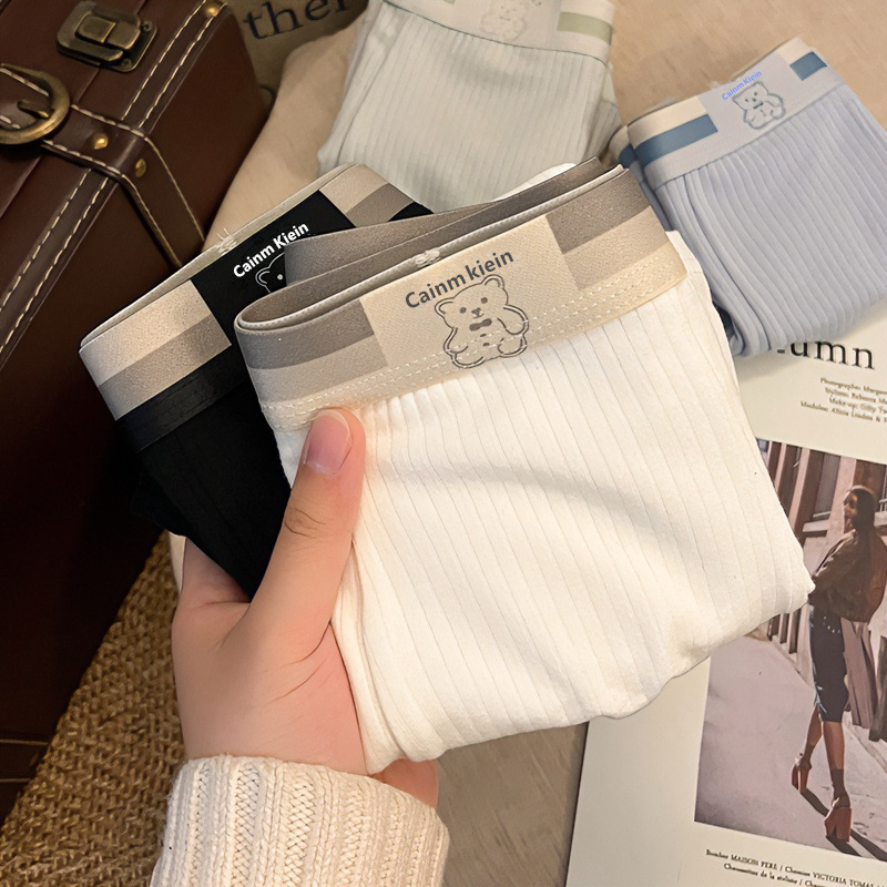 Pure Cotton Men's Underwear, Men's Striped Bear Pattern Fresh Underwear, Boys' Comfortable Breathable Boxer Briefs, Cute Four-Corner Briefs