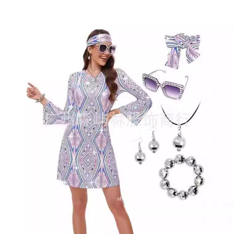 European and American New Halloween Party Performance 70 s Women Hippie V-neck Bronzing Sequin Headscarf dress