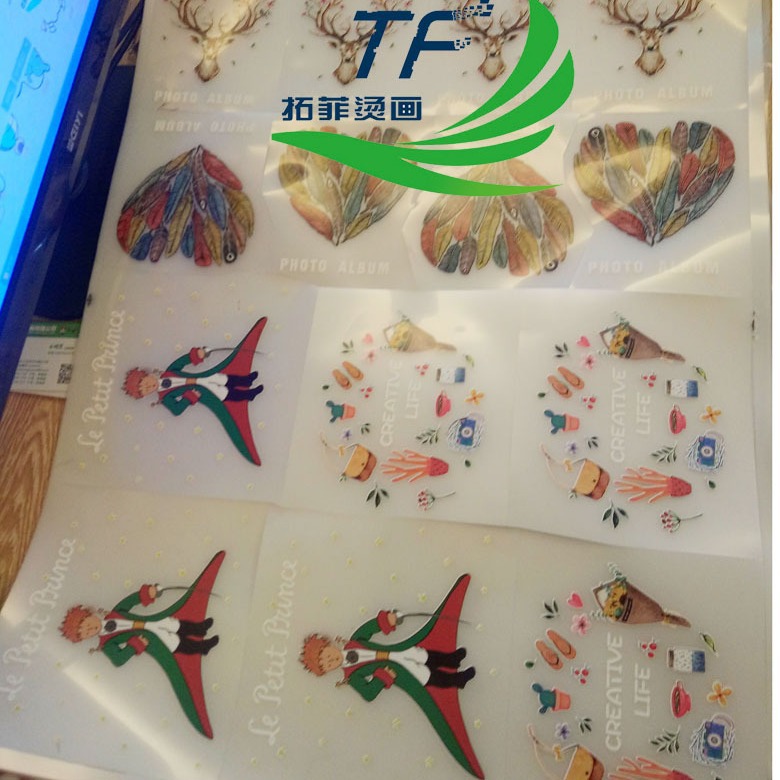 义乌拓菲烫画厂生产箱包印花 高弹过粉热转印烫画贴 可免费寄样