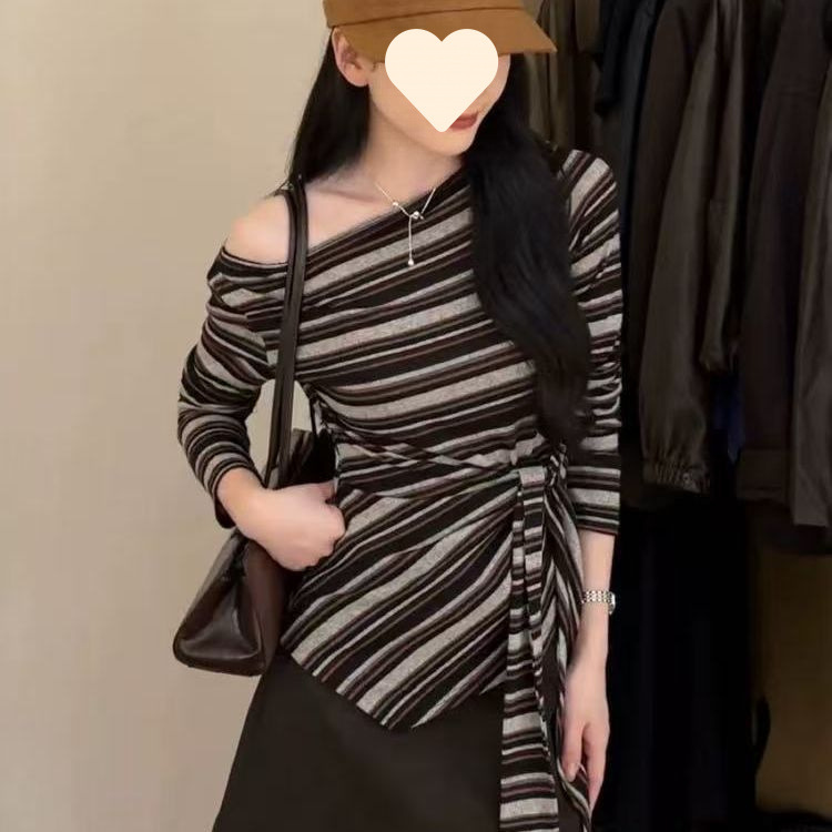 2025秋季新款韩版时尚复古不规则绑带撞色条纹t恤女收腰上衣