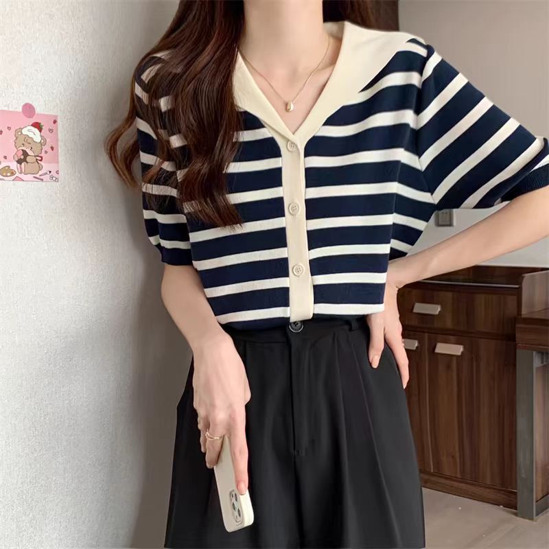 Design Color-matching Navy Collar Striped Short-sleeved Top Women's Chanel Style Age-reducing Loose Slim-fit Ice Silk Sweater Trendy