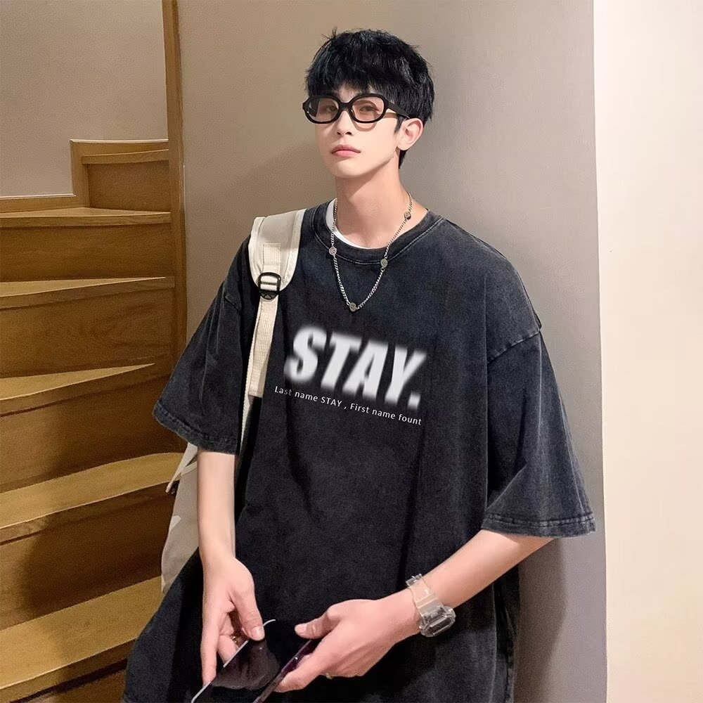 Camiseta de manga corta de algodón puro desgastado lavado retro americano para hombre, camiseta de media manga de marca holgada informal de verano para hombre