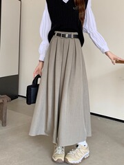 中长款百褶半身裙女装松紧腰显瘦a字大摆长裙子秋冬季新款垂坠感