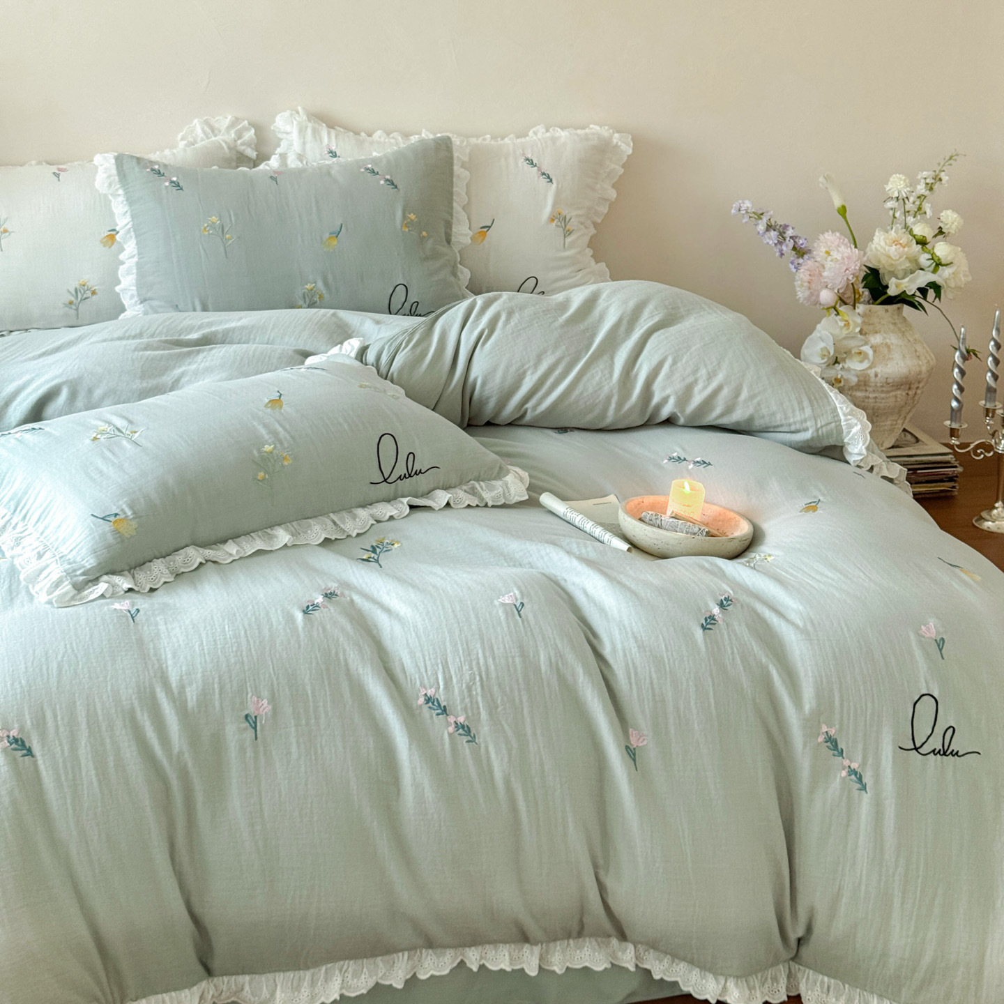 Korean Lace French Style Girls' Embroidered Cotton Quilt Cover Single Product Zipper Style Naked Sleeping Quilt Cover Double-Layer Yarn Pure Cotton Pillowcase