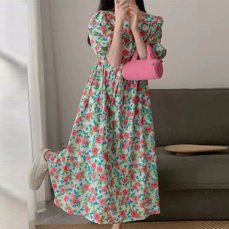 Корейский стиль лето 2024 ретро элегантное с круглым вырезом полноэкранный принт Высокая талия для похудения пышные рукава Цветочное платье женское