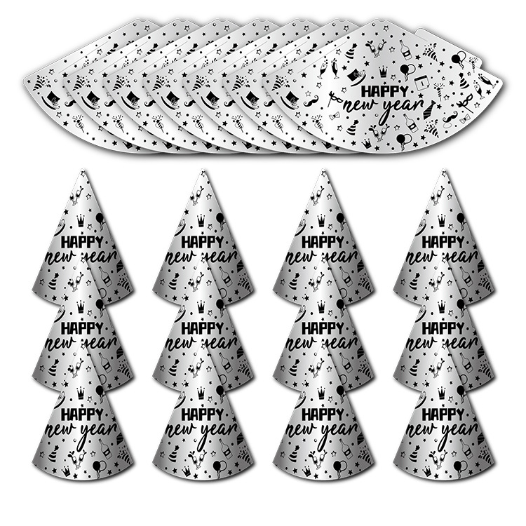Sombreros de decoración de fiesta de Año Nuevo, sombreros de papel de Año Nuevo, sombreros cónicos de fiesta de plata dorada negra