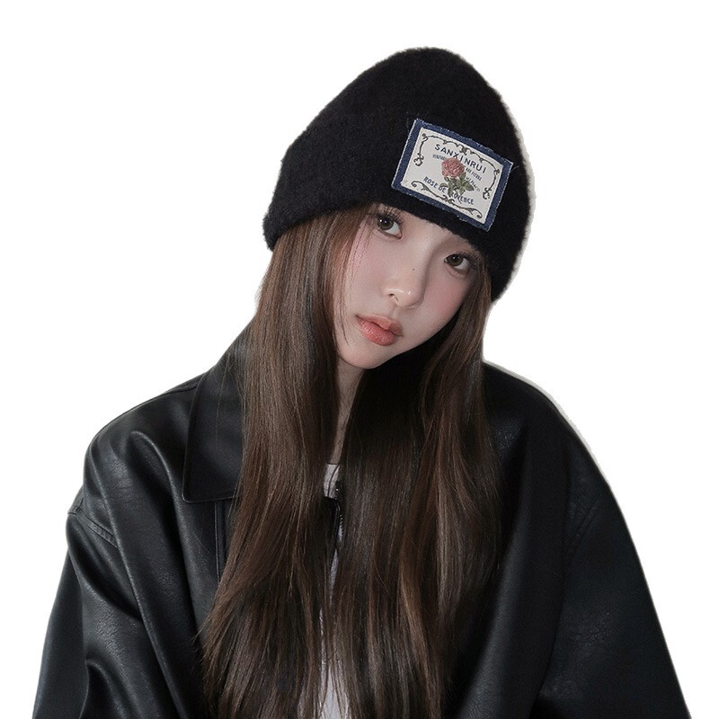早秋新复古玫瑰花贴布毛绒针织帽女文艺休闲百搭休闲保暖包头冷帽|undefined