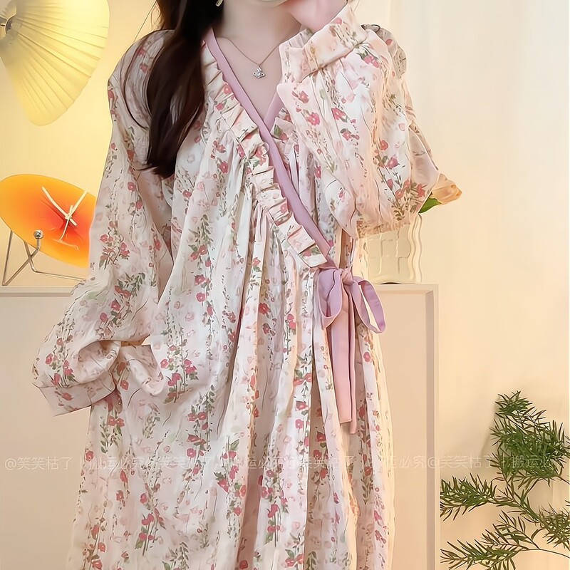 新款睡衣春秋款女休闲宽松时尚甜美长袖睡袍裙家居服可外穿|undefined