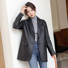 中长款皮衣女2025春秋新款港风进口水洗皮减龄年轻西装宽松外套女