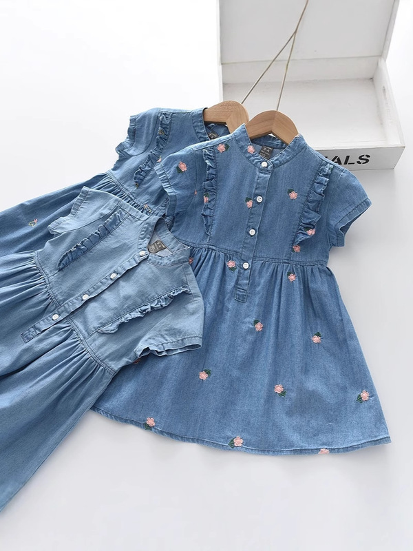 女の子ドレス 2025 夏の新スタイルヨーロッパとアメリカの子供カジュアル刺繍西洋スタイル少女デニムプリンセスドレス|undefined