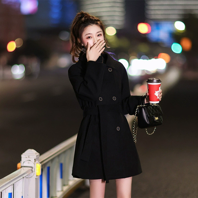 Warm demi-season black long woolen coat, for teenagers, mid-length, city style
