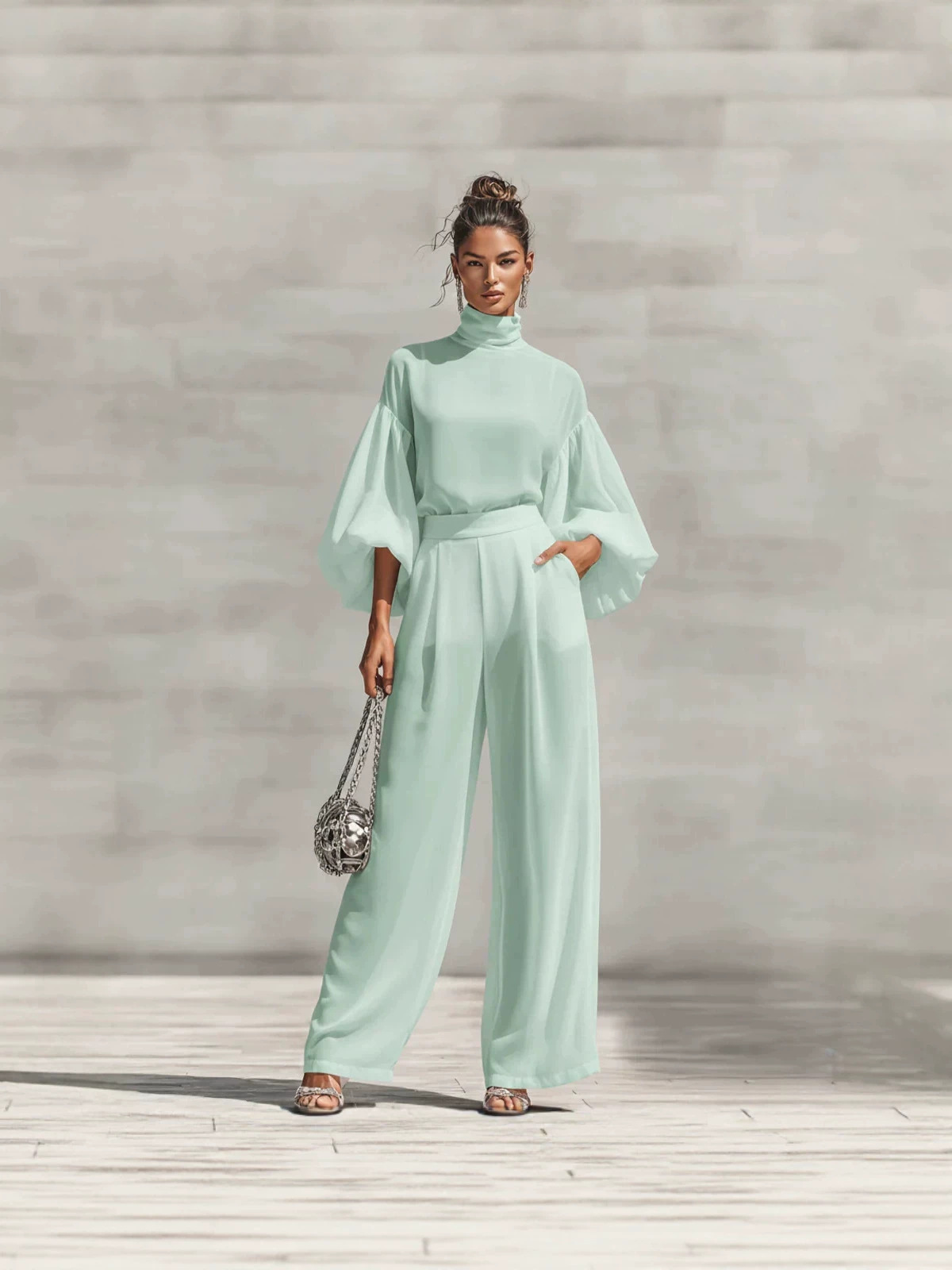 Moda sneg to'qima ko'ylak va keng shim - ikki bo'lim to'plami