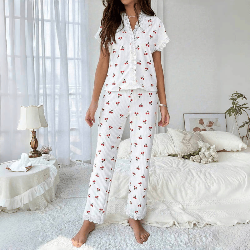 Cross-Border New European and American Style Women's Pajamas Sexy Collar Lace Cherry Print Shirt Slim Trousers Home Wear Pajamas