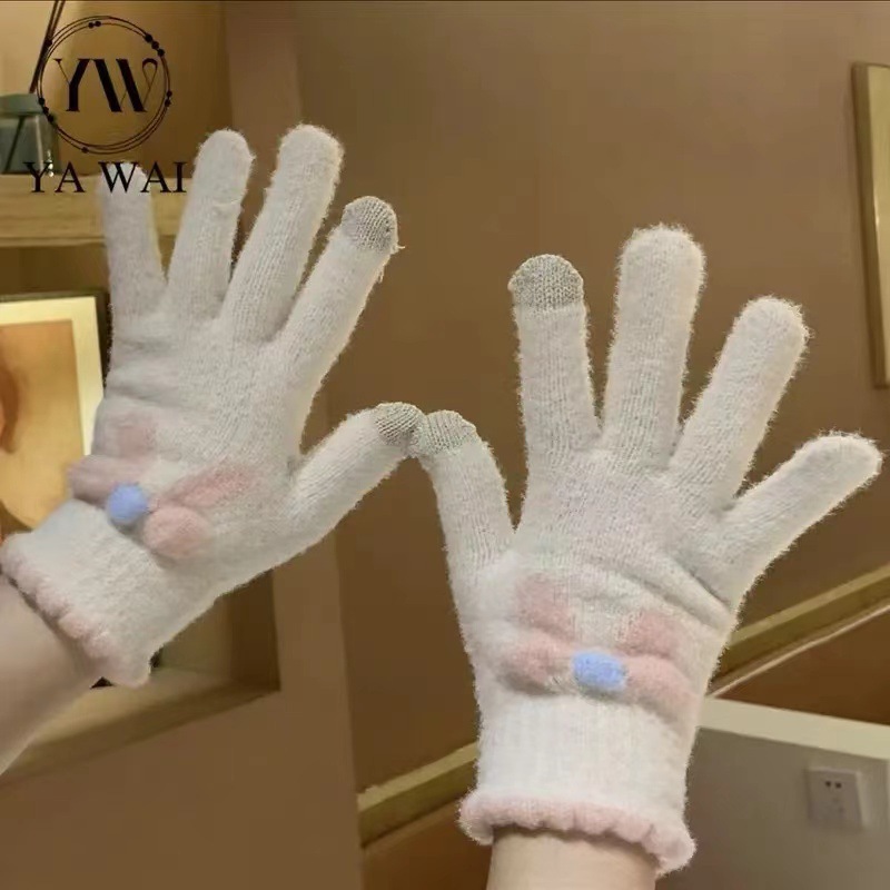 タッチパネルニット手袋女子秋冬毛糸保温五本指かわいい学生冬自転車新型蝶ネクタイ|undefined