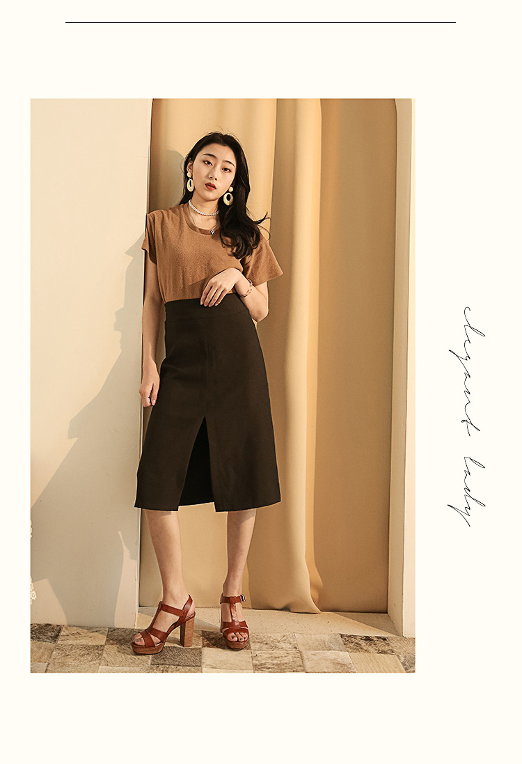 Sandal cao gót hở mũi retro 10 cm quai chữ T gót vuông da bò — Màu nâu chi tiết 14
