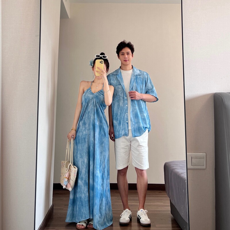 Bali Couple Outfits 2026 Summer Tie-Dye One Skirt One Top Halter Beach Vacation Style Beach Dress Shirt
