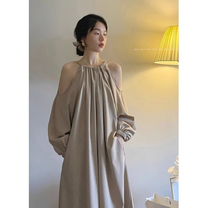 Early autumn South Korea chic cold wind drawstring off-the-shoulder long sleeve dress women's 2023 spring and autumn slimming temperament dress
