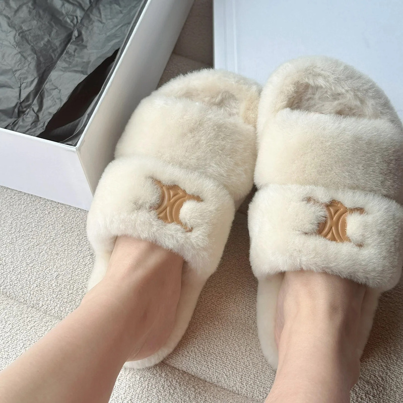 2026 Autumn and Winter Versatile Furry Slippers for Women, Genuine Wool Arc De Triomphe Thick-Soled White Casual Plush Slide Slippers