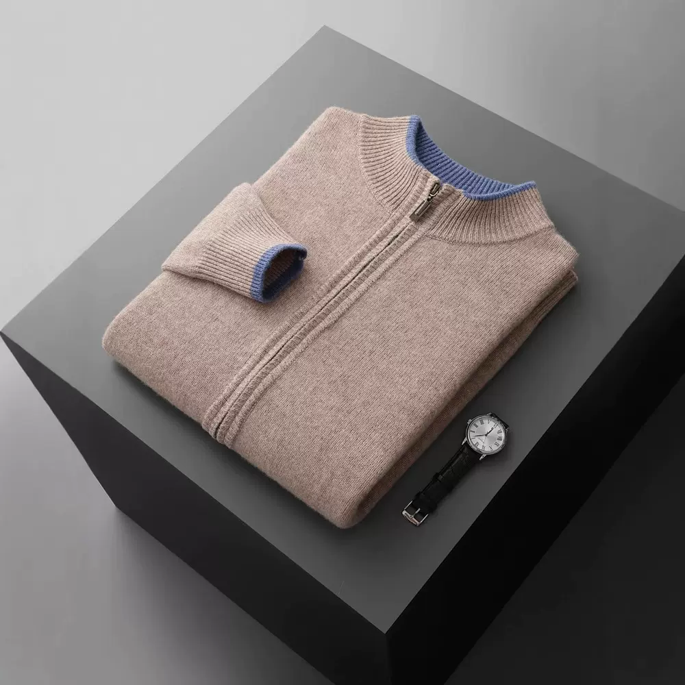 秋冬新款男士纯羊毛开衫半高领拉链外套7针宽松加厚针织打底毛衣