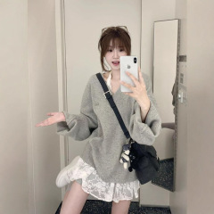 法式慵懒风灰色v领长袖针织衫女秋季2025新款软糯宽松大毛衣上衣