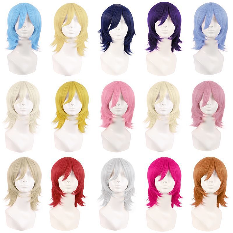 Anime Cosplay Wig for Women, Short Hair, Versatile, Multi-Color, 40cm Long, Reverse-Curled Wolf Tail, High-Temperature Fiber, Full Head Wig
