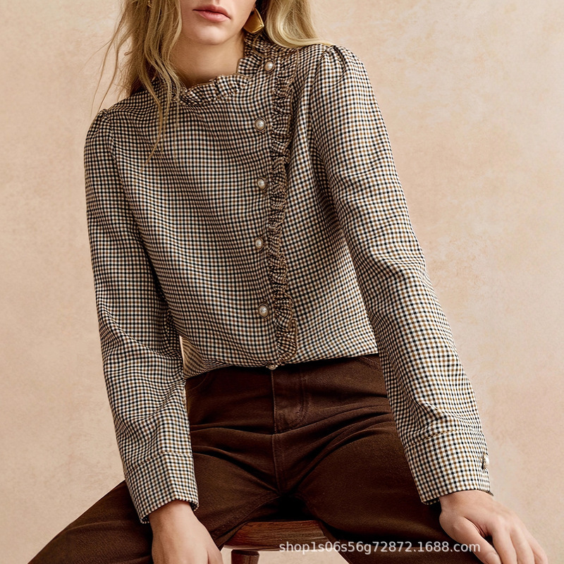 Houndstooth Pattern Ruffled Small Stand-Up Collar Side-Slit Shirt, Suitable for Work and Parties Houndstooth Pattern Ruffled Small Stand-Up Collar Side-Slit Shirt, Suitable for Work and Parties