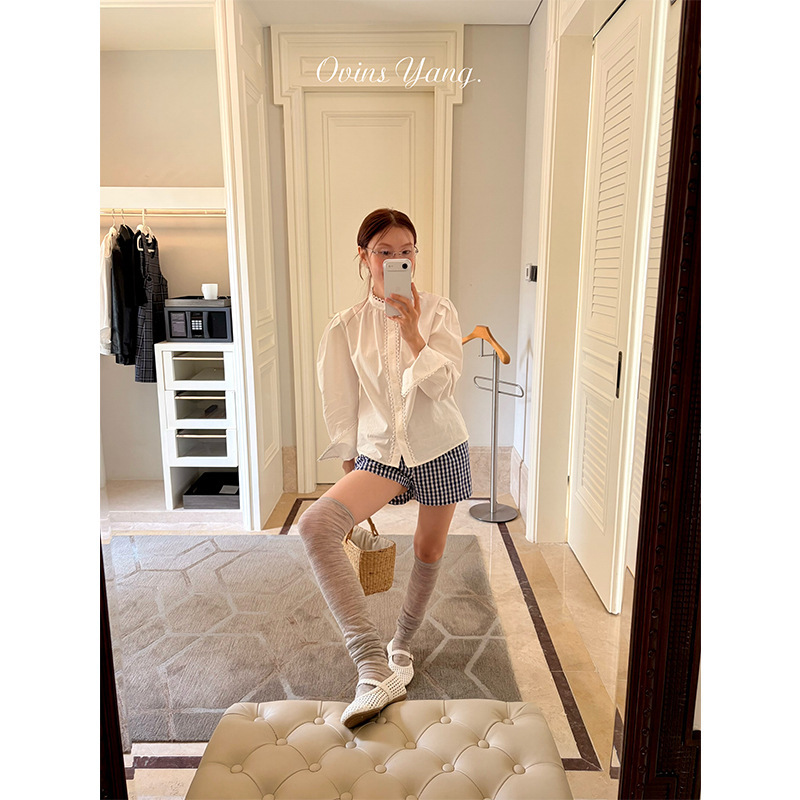 Ovinsyang Sweet Lace-Trimmed Long-Sleeved Shirt for Women Spring New Korean Style Versatile Small Stand-Up Collar Top