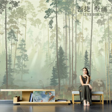 北欧现代简约风景壁纸森林丛林手绘树林壁画客厅电视背景墙纸墙布