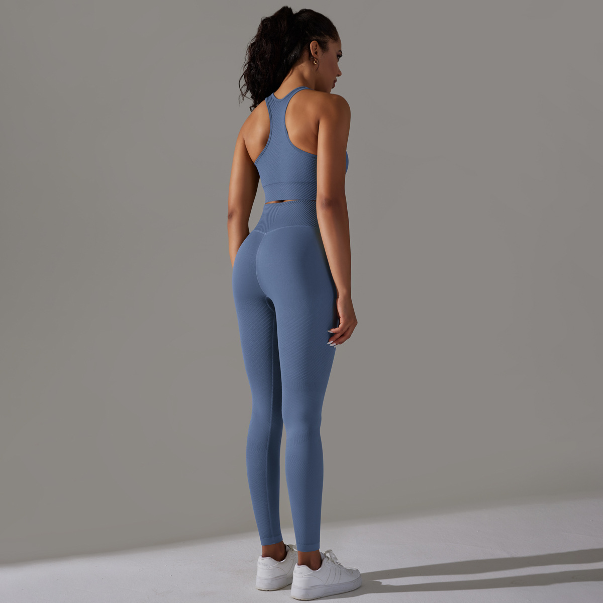Women's Clothing solid color striped breathable high elastic yoga clothing set sports fitness vest trousers two-piece set_voghion.com