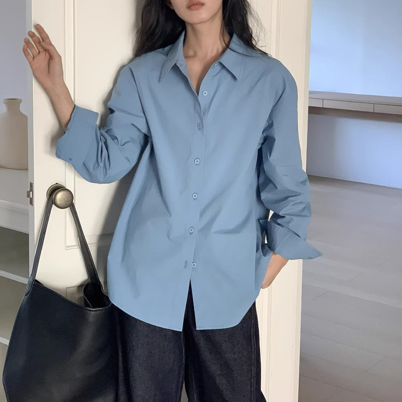 Retro Hong Kong Style Simple Blue Long-Sleeve Versatile Shirt for Women, 2026 Spring Design, Niche Loose-Fitting Shirt Jacket