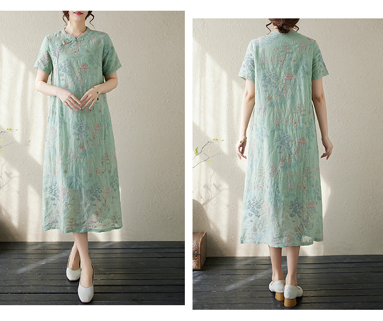 Modernes Chinesisches Cheongsam Baumwoll Leinen Stickkleid_voghion.com