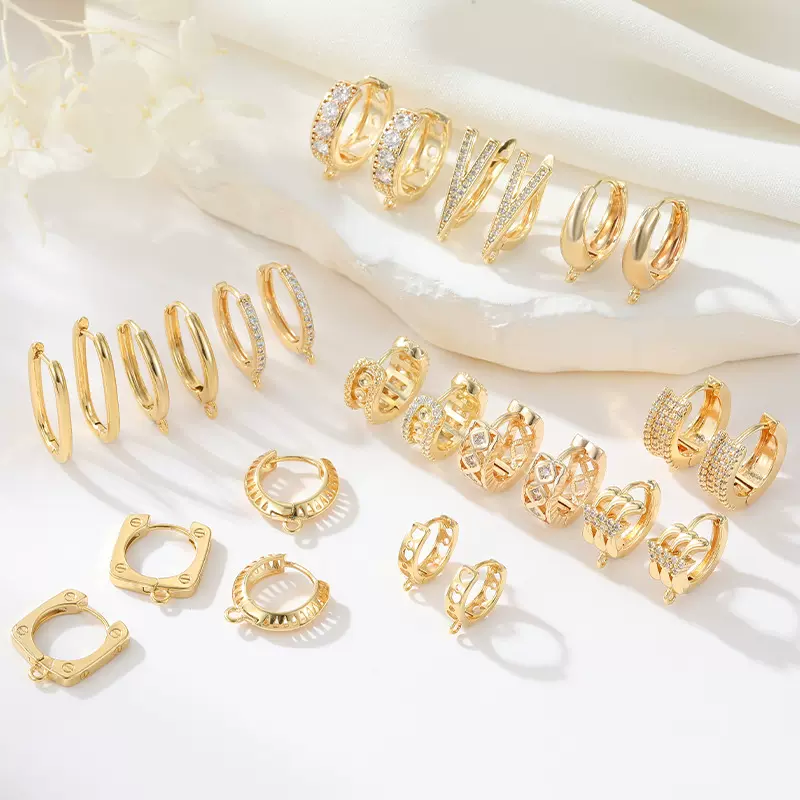 欧美跨境时尚U型几何耳环女14K微镶锆石带圈耳扣主体DIY耳饰配件