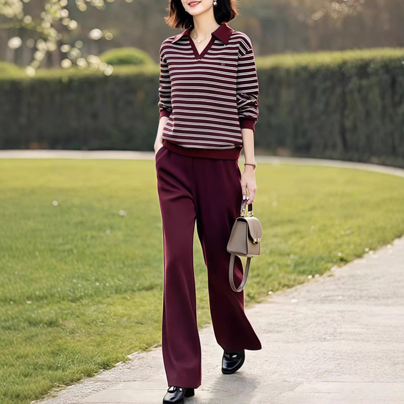 Autumn and Winter Fashion European Casual Sports Suit Women Stylish Striped Sweatshirt Wide-Leg Pants Two-Piece Set