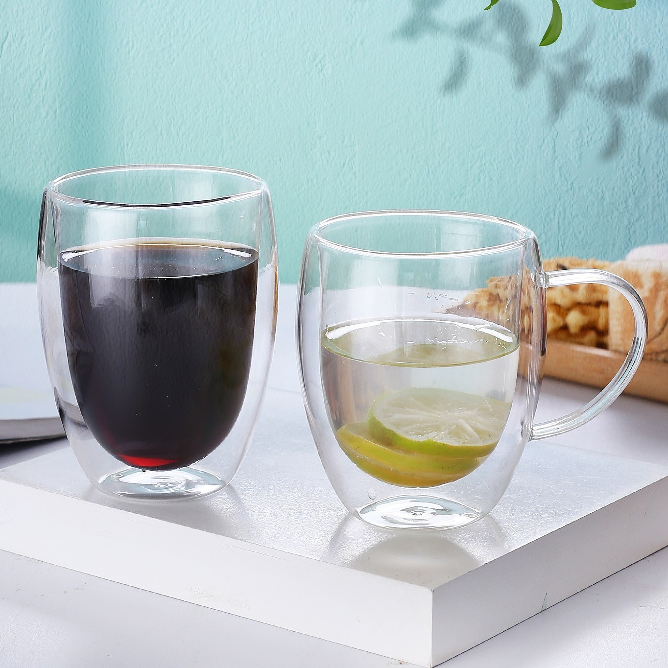 Taza de café de vidrio doble con asa, resistente al calor, diseño elegante para bebidas calientes o frías